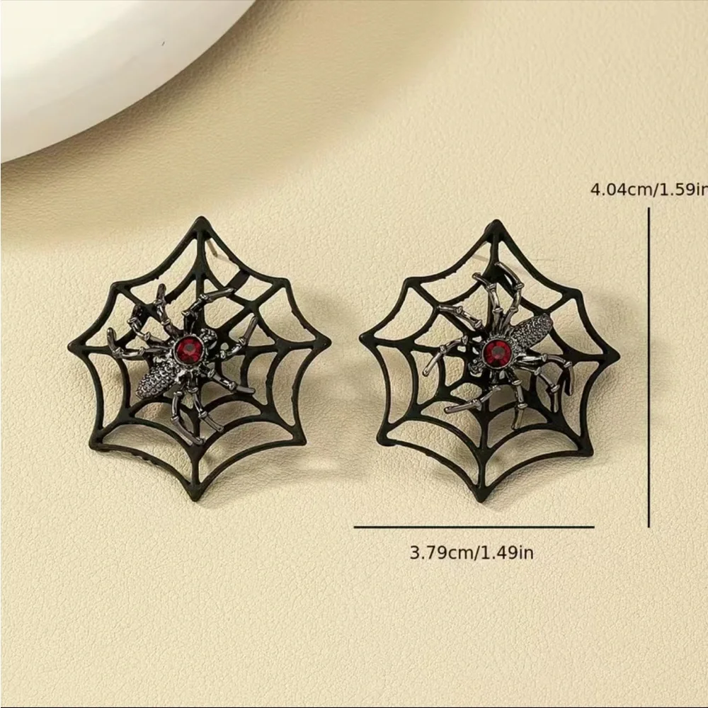 Gorgeous Retro Gothic Spider Web Stud Earrings with Ruby Color Decor Faux Fashio